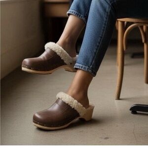 UGG Kalie Y2K Gaucho Brown Leather Shearling Bohemian Wooden Studded Moto Clog 7